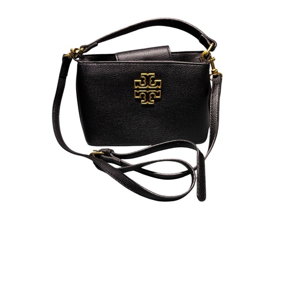 Tory Burch Britten Small Bucket Bag – Black Pebbled Leather with Gold Hardware